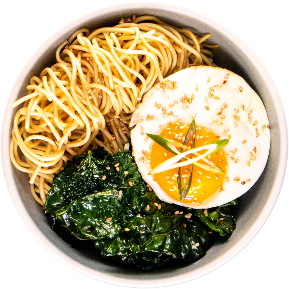 Sesame Fried Egg with Garlic Kale and Ramen Innit
